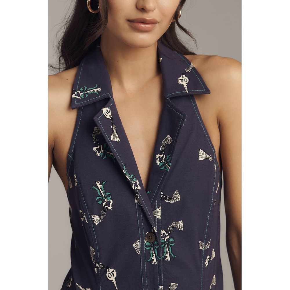 Maeve Anthropologie Amelia Collared Navy Blue Halter Mini Dress Large NEW! $148 - Picture 2 of 7